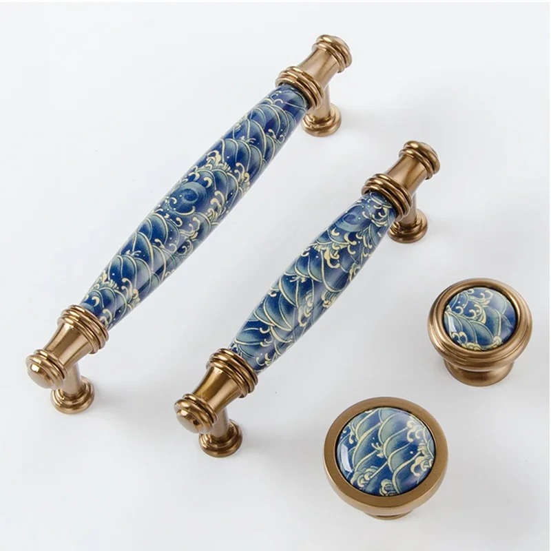 Furniture Hardware Knobs - مقبض سيراميك أزرق بتصميم موجي عصري